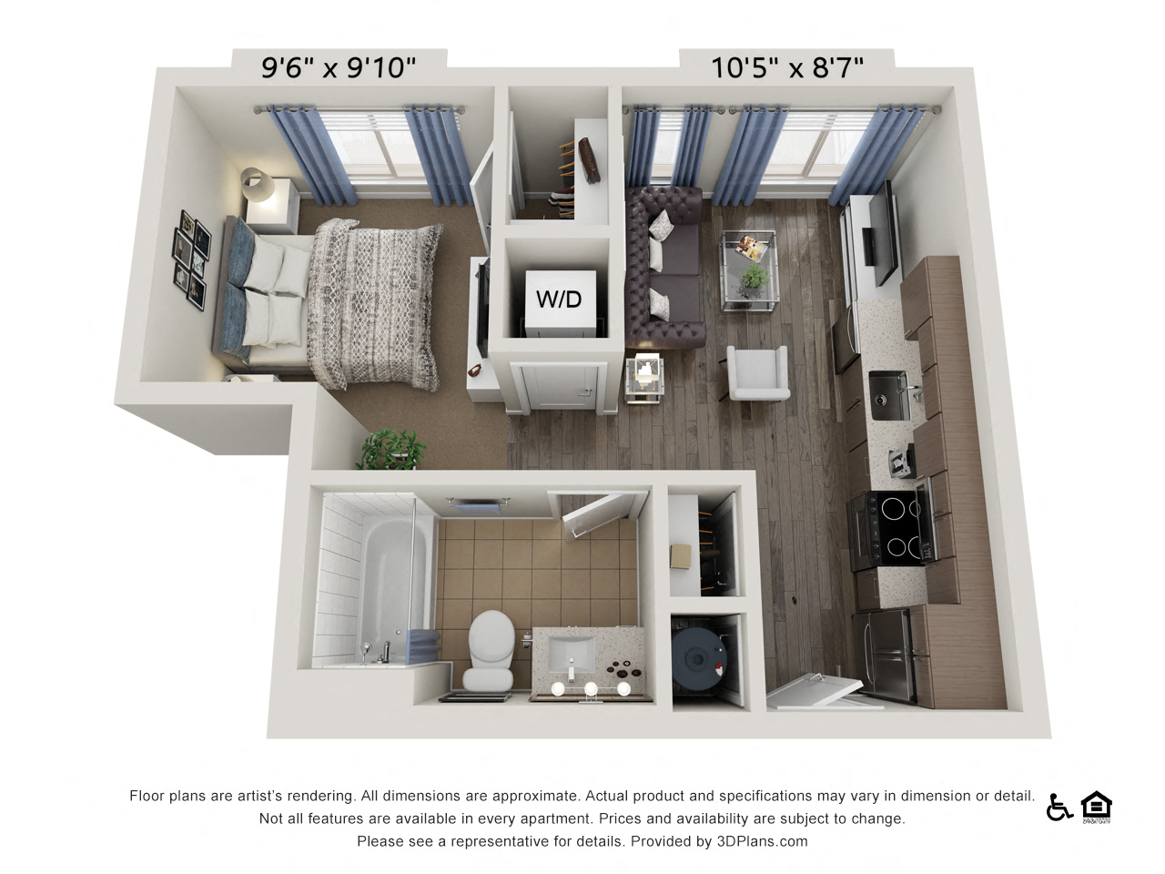 Floor plan for studio, 1 bath, 443 sqft